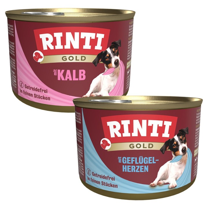 Sparpaket RINTI Gold 24 x 185 g - Mixpaket: Geflügelherzen, Kalbstückchen