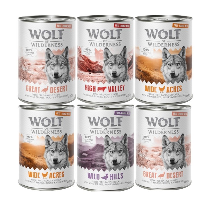 Wolf of Wilderness Adult - Single Protein Freilandfleisch/-innereien 6 x 400 g  - Sparkapet 12 x 400 g: Mixpaket Freiland-Put