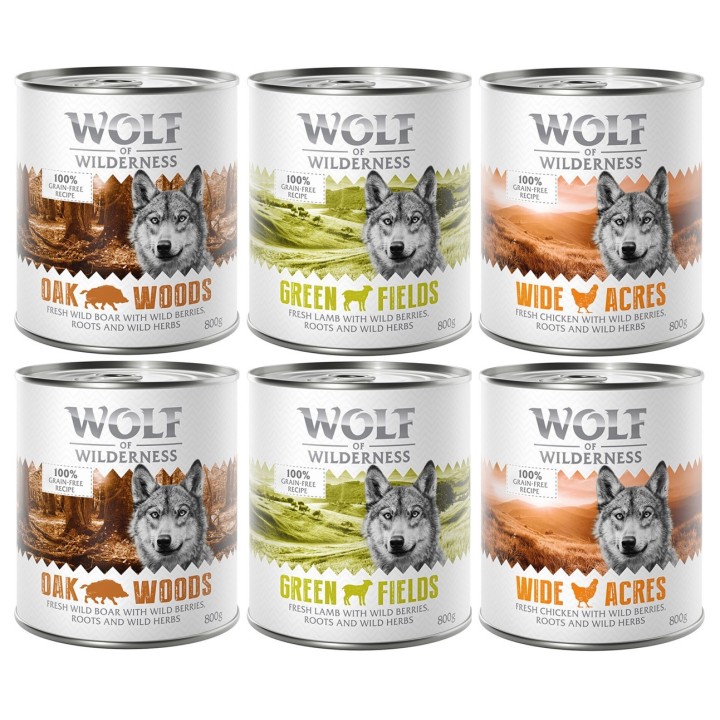 Wolf of Wilderness Adult - Mixpaket - 6 x 800 g: Wildschwein, Huhn, Lamm