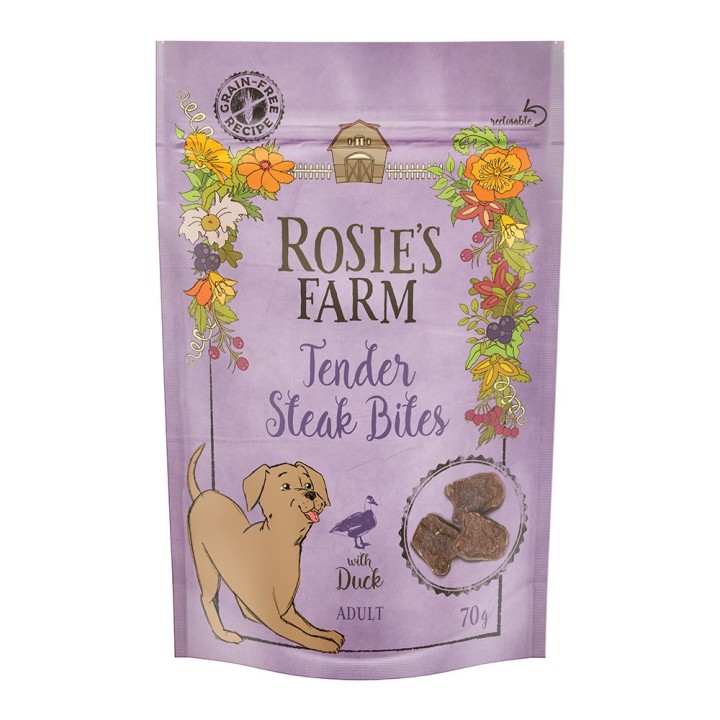 Rosie's Farm Snacks Adult "Tender Steak Bites" Ente - Sparpaket: 5 x 70 g