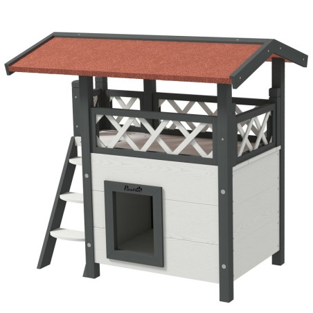 PawHut Katzenhaus 2-stöckig mit Asphaltdach und Balkon, Katzenvilla mit Treppe aus massivem Holz, weiß, 77 x 50 x 73 cm   Aos