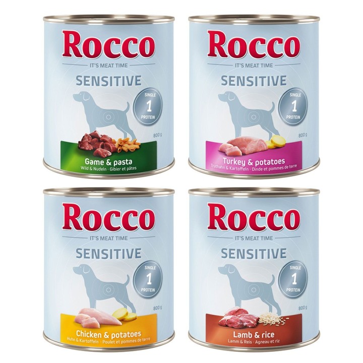 Top-Angebot Rocco Sensitive  24 x 400 / 800 g 24 x 800 g: Mix: 6xHuhn, 6xLamm, 6xWild & 6xTruthahn