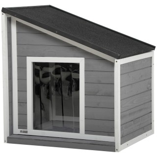 PawHut Hundehütte wetterfestes Hundehaus aus Tannenholz mit Asphaltdach & Türvorhang Grau 71x58x53/77cm für kleine Hunde   Ao