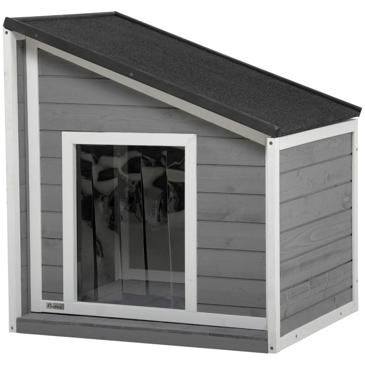 PawHut Hundehütte wetterfestes Hundehaus aus Tannenholz mit Asphaltdach & Türvorhang Grau 71x58x53/77cm für kleine Hunde   Ao