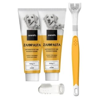 Zahnpflege Hund Zubehör - 2 x 100g Zahnpasta Tuben &amp, Zahnbürste - Essbare Zahnpasta - Denti-Care Set - Animigo