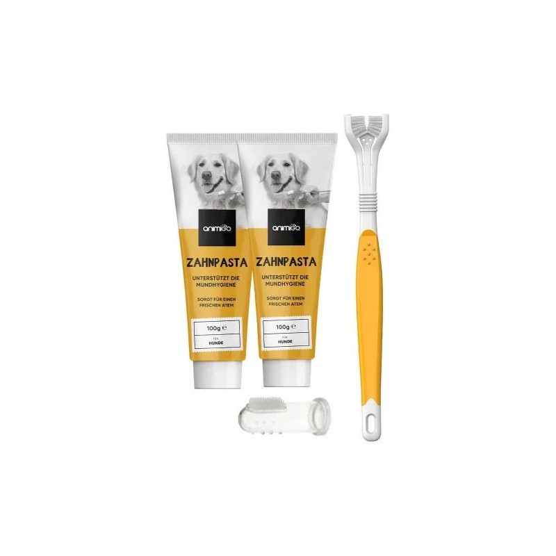 Zahnpflege Hund Zubehör - 2 x 100g Zahnpasta Tuben &amp, Zahnbürste - Essbare Zahnpasta - Denti-Care Set - Animigo