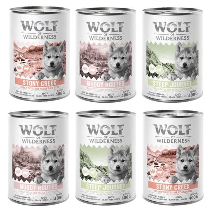 Wolf of Wilderness Junior - mit viel frischem Geflügel 6 x 400 g - Mixpaket