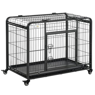 PawHut Transportbox faltbarer Transportkäfig mit Rädern 94x58x69,5 cm 2 abschließbare Türen Metall Grau Schwarz für Hunde Kat