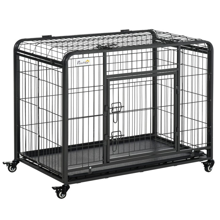 PawHut Transportbox faltbarer Transportkäfig mit Rädern 94x58x69,5 cm 2 abschließbare Türen Metall Grau Schwarz für Hunde Kat