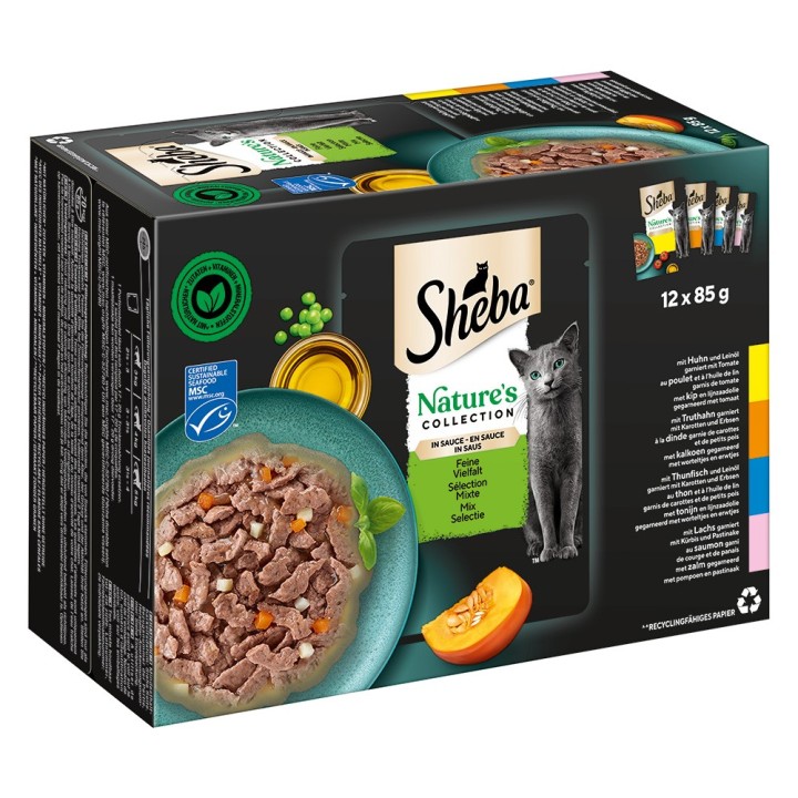 Sparpaket Sheba Nature's Collection in Sauce 48 x 85 g - Feine Vielfalt (Huhn, Truthahn, Thunfisch, Lachs)