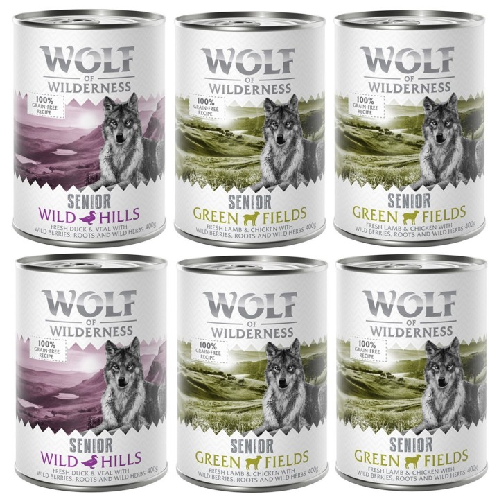 Wolf of Wilderness Senior - Mixpaket  - 6 x 400 g 4x Lamm & Huhn, 2x Ente & Kalb