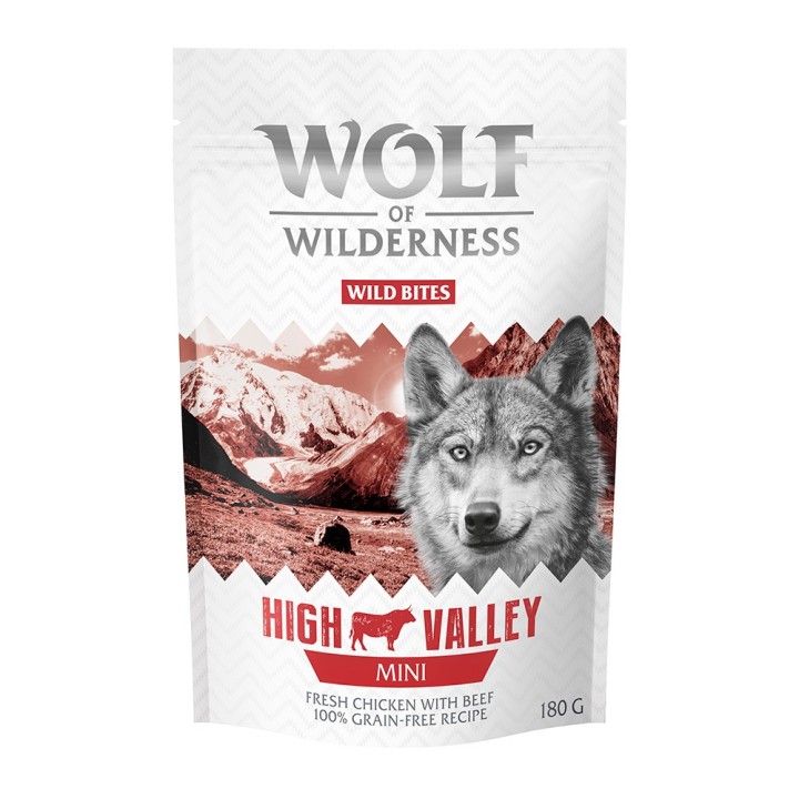 Sparpaket 3 x 180 g: Wolf of Wilderness Snack - Wild Bites - MINI High Valley - Rind & Huhn (kleine Würfel)