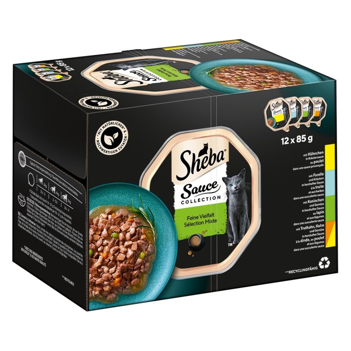 Sparpaket Sheba Varietäten Schälchen 144 x 85 g - Sauce Collection (Kaninchen, Forelle, Huhn, Truthahn & Huhn)