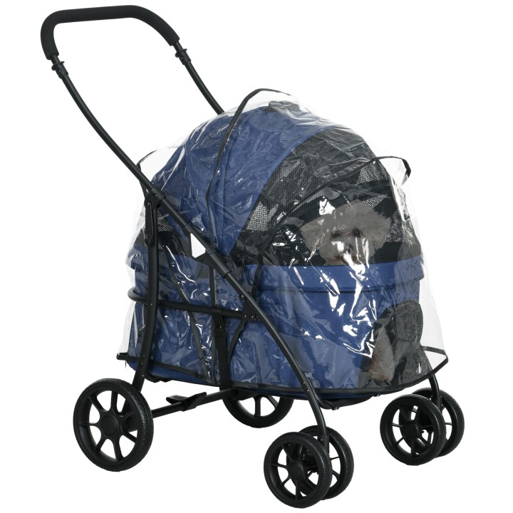 PawHut Hunde Buggy 2 in 1 mit Regenschutz klappbar Hundetrolley für kleine Hunde & Katzenwagen 81x68x98,5 cm Dunkelblau   Aos