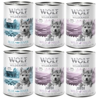 Wolf of Wilderness JUNIOR - Mixpaket - 6 x 400 g: 4x Ente & Kalb, 2x Huhn & Lachs