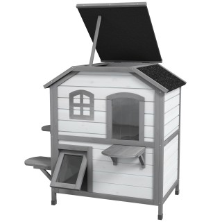 PawHut Katzenhaus aus Holz, Outdoor Katzenhütte mit Treppe, 2-Etagen, Kleintierhaus für Katzen bis 4,5 kg, Weiß, 78 x 55,5 x