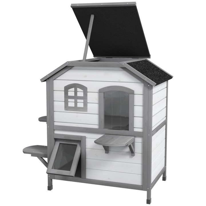 PawHut Katzenhaus aus Holz, Outdoor Katzenhütte mit Treppe, 2-Etagen, Kleintierhaus für Katzen bis 4,5 kg, Weiß, 78 x 55,5 x