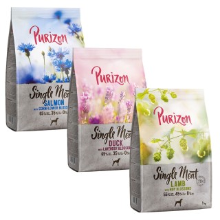 Purizon Single Meat Probierpaket 3 x 1 kg - Pferd mit Ringelblumen, Lachs mit Kornblumenblüten, Ente mit Lavendelblüten