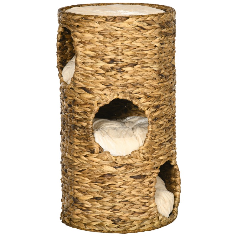 PawHut Kratztonne Katzenturm 73cm 3-Ebenen mit Kissen aus Wasserhyazinthe und Stahl, hellbraun für Katzenliebhaber   Aosom.de