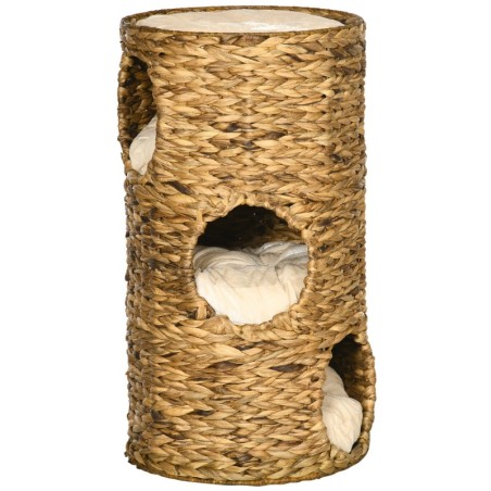 PawHut Kratztonne Katzenturm 73cm 3-Ebenen mit Kissen aus Wasserhyazinthe und Stahl, hellbraun für Katzenliebhaber   Aosom.de