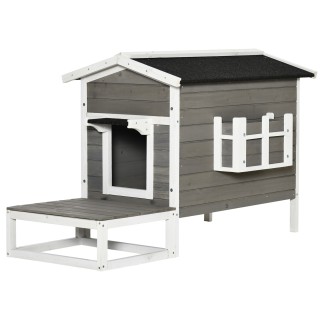 PawHut Katzenhaus Katzenhütte mit Terrasse & Balkon für Katzen und Hunde, Tannenholz Grau & Weiß, 115 x 66,5 x 74,7 cm   Aoso
