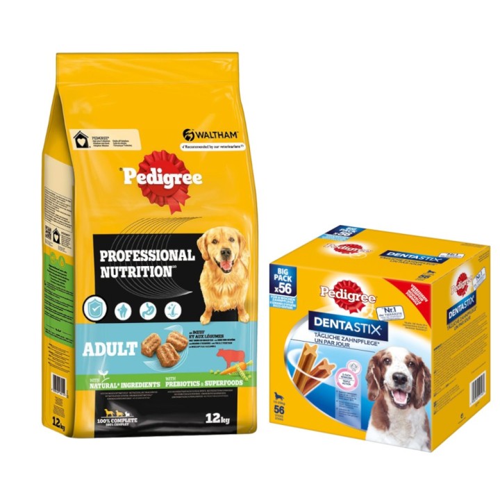 12 kg Pedigree Professional Nutrition Adult + 56 Stück Dentastix zum Sonderpreis!  - mit Rind & Gemüse + für mittelgroße Hund