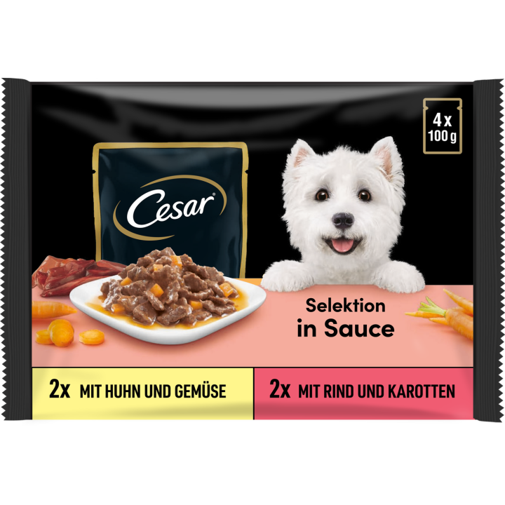 Cesar Selektion in Sauce Huhn&Gemüse, Rind&Karotten, 4x100g - 400 g