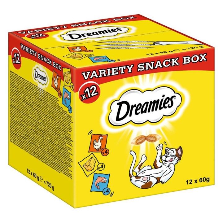 Dreamies Katzensnacks Variety Box - 12 x 60 g Mixbox (Huhn, Käse, Lachs)