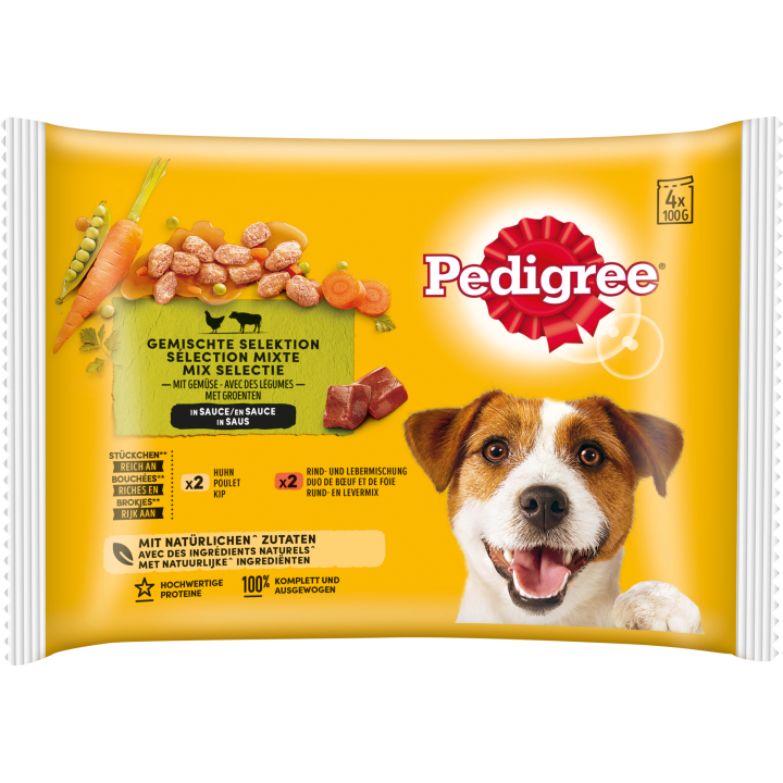 Pedigree 4-Pack Huhn & Gemüse in Sauce und Rind & Gemüse in Sauce - 400 g