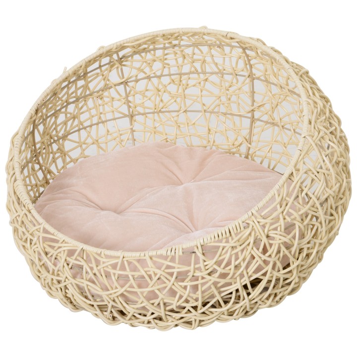 PawHut Katzenbett aus Rattan Bequeme Katzenhöhle mit Kissen Katzenkorb & Hundebett Beige Ø56x35cm für Katzen & kleine Hunde