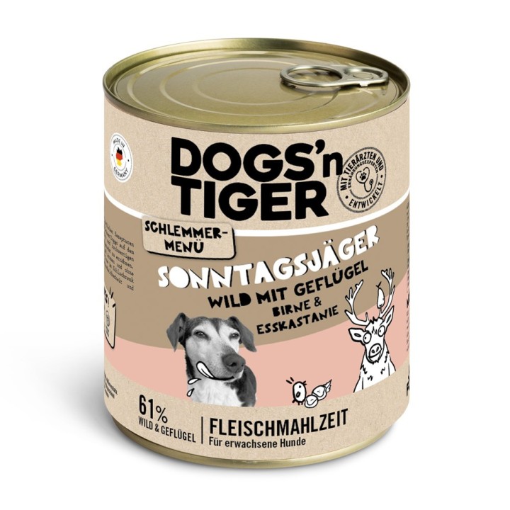 Dogs'n Tiger Schlemmermenü für Hunde 6 x 800 g - Wild mit Geflügel, Birne, Hirse und Esskastanie