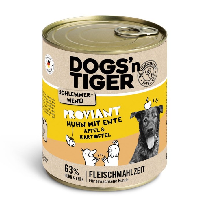 Dogs'n Tiger Schlemmermenü für Hunde 6 x 800 g - Huhn mit Ente, Apfel & Kartoffel