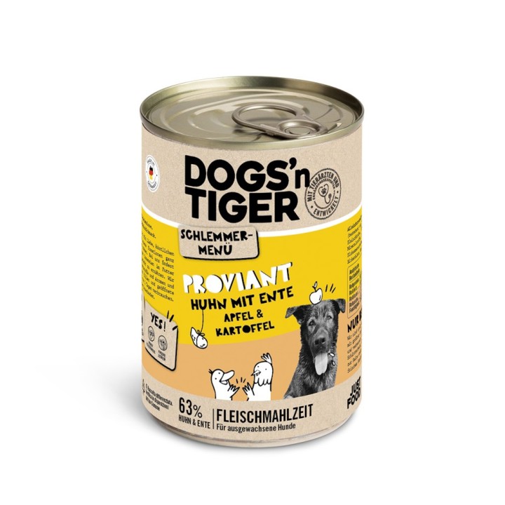 Dogs'n Tiger Schlemmermenü für Hunde 6 x 400 g - Huhn mit Ente, Apfel & Kartoffel