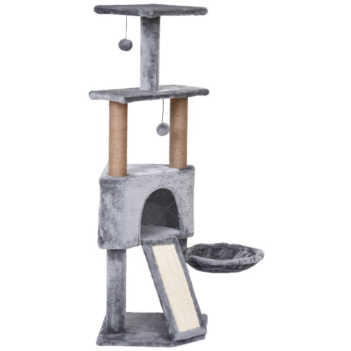 PawHut Kratzbaum stabil mit dicken Kratzstämmen, Katzenbaum mit Plattformen, Hängebett & Spielbällen, Sisalsäule, Grau 40x40x