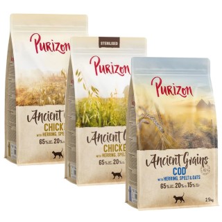 Gemischtes Sparpaket Purizon 3 x 2,5 kg - Urgetreide Mix: Huhn mit Fisch / Sterilised Huhn mit Fisch / Kabeljau