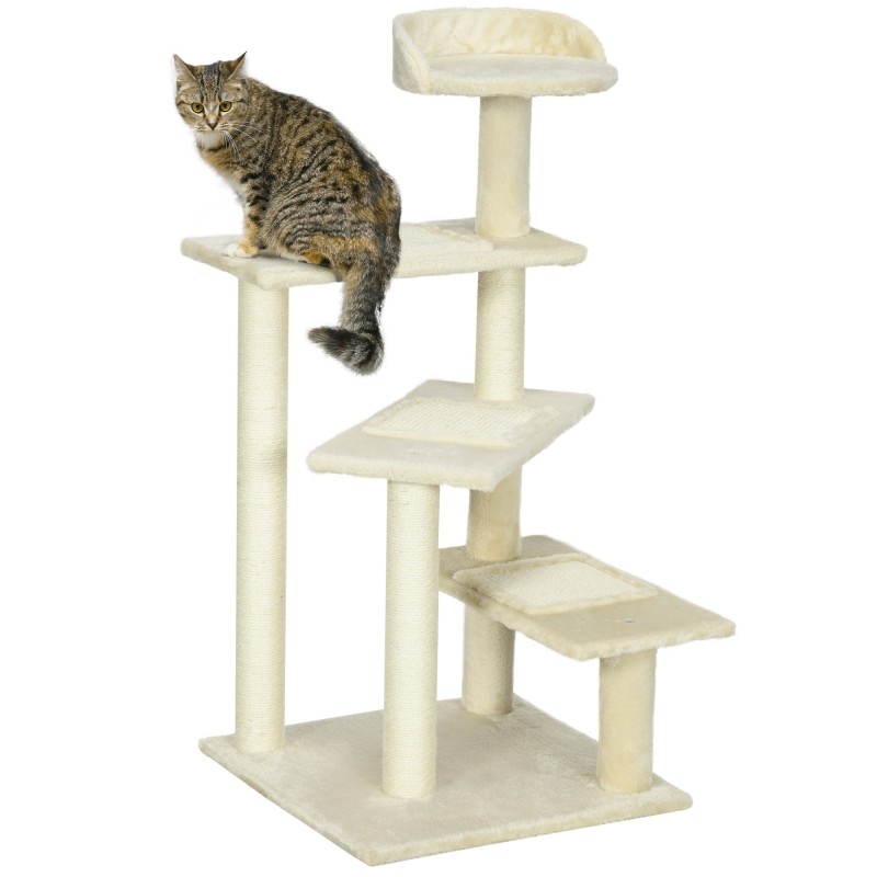 PawHut Kratzbaum stabil bis 10 kg Katzenbaum mit Sisalsäulen und Haustiertreppe Beige 50 x 50 x 100 cm für Katzenliebhaber