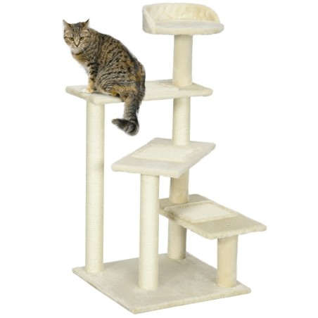 PawHut Kratzbaum stabil bis 10 kg Katzenbaum mit Sisalsäulen und Haustiertreppe Beige 50 x 50 x 100 cm für Katzenliebhaber