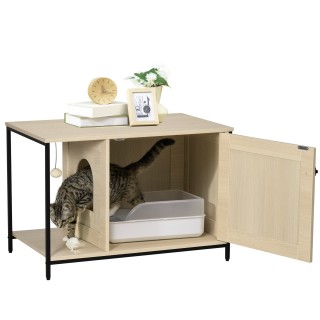 PawHut Katzenschrank Katzentoilette im Schrankdesign mit Spielball & Beistelltisch Eiche magnetische Tür 86x48x52cm für stilv