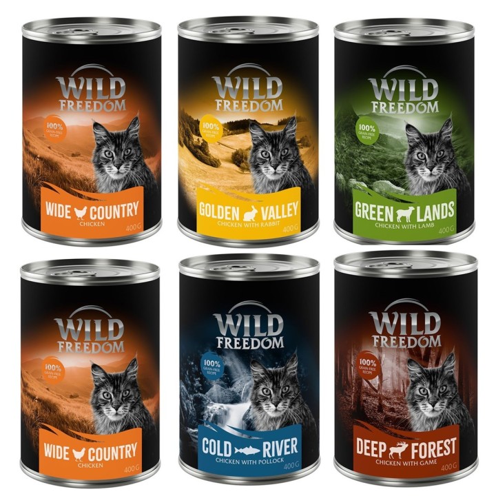 Wild Freedom Adult 6 x 400 g - getreidefreie Rezeptur - Mixpaket 1 (Huhn, Seelachs, Lamm, Kaninchen, Wild)
