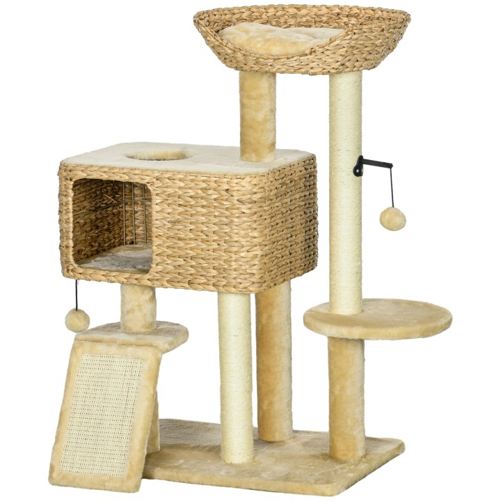 PawHut Katzen Kratzbaum 98 cm Katzenbaum mit 2 Leigefläche, Katzenkratzbaum Spielball für Katzen bis 6 kg, Katzenmöbel, Sisal