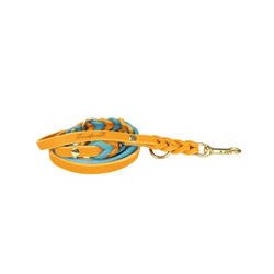 Trendfährte Hundeleine Leder geflochten 3-fach verstellbar [Ozeanblau/Orange - M/L: ca. 2 m x 15 mm]
