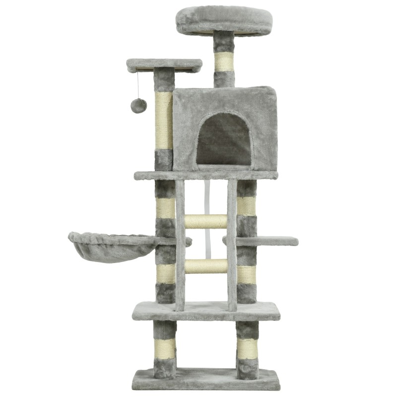 PawHut mehrstufiger Kratzbaum Katzenbaum mit Höhle Hängematte Korb Kletterbaum bis 4,5 kg aus Sisal Grau für Katzenliebhaber