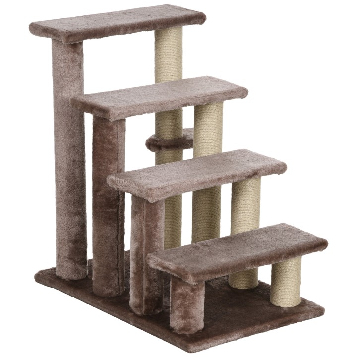PawHut 4-stufige Katzentreppe mit Kratzbaum für Haustiere bis 5 kg, Hundetreppe mit Spielball, Plüsch, Braun, 60 x 40 x 64 cm