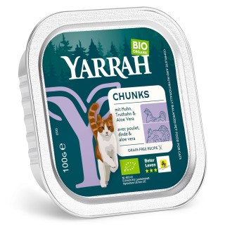 Sparpaket Yarrah Bio 48 x 100 g - Bröckchen: Bio-Huhn & Bio-Truthahn mit Bio-Aloe Vera