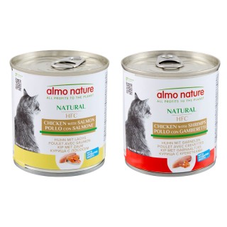 Sparpaket Almo Nature HFC Natural 12 x 280 g -  Mixpaket 2 (Huhn & Lachs, Huhn & Garnelen)