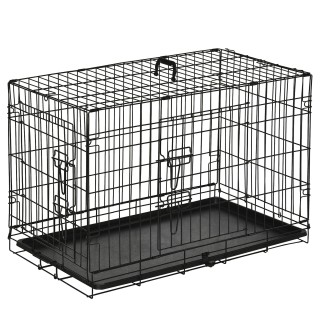 PawHut Hundebox Transportbox für Kleintiere 76x46x52cm, zusammenklappbar, Metall, schwarz, ideal für Reisen & Sicherheit   Ao
