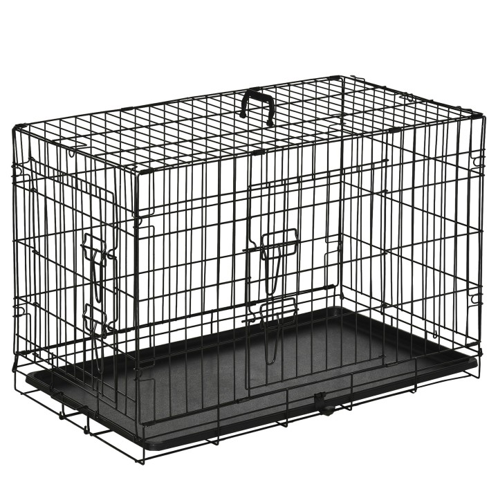 PawHut Hundebox Transportbox für Kleintiere 76x46x52cm, zusammenklappbar, Metall, schwarz, ideal für Reisen & Sicherheit   Ao