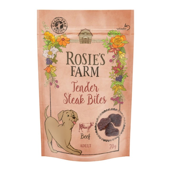 Rosie's Farm Snacks Adult "Tender Steak Bites" Rind - Sparpaket: 5 x 70 g