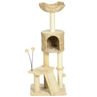PawHut Sisal Kratzbaum für große Katzen 45x40x116cm mit Kippschutz Katzenhöhle Liegeplattform Spielball Plüsch Beige für bis