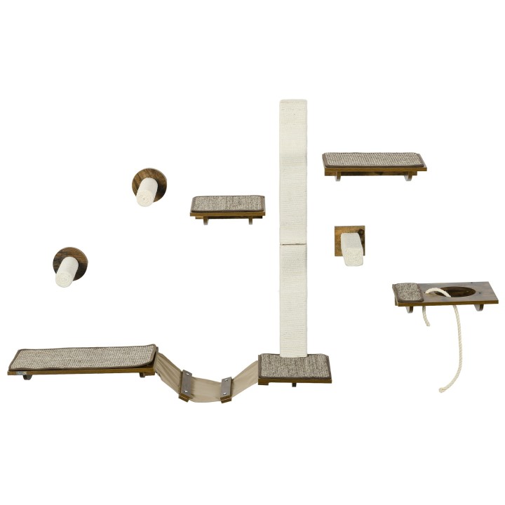 PawHut Katzen Kletterwand Set 8-teilig Katzenmöbel mit Kratzbäumen Sitzstangen Kratzbrett Katzentreppe aus Sisal in Braun für
